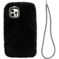 thumbnail image 6 of Compatible with iPhone 15 Pro Max Case Cute Plush Case with Glitter Lanyard Strap Bling Diamond Camera Lens Protector Soft Winter Warm Plush Fluffy Cover for Women and Girls, Dark Gray, 6 of 10