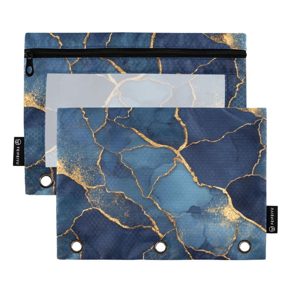 2 Pack 3 Ring Binder Pouch with Clear PVC Window Water Resistant Zipper Pencil Pouch Dark Blue Marble Veins Binder Pocket for Classroom Office Home Stationery Organization