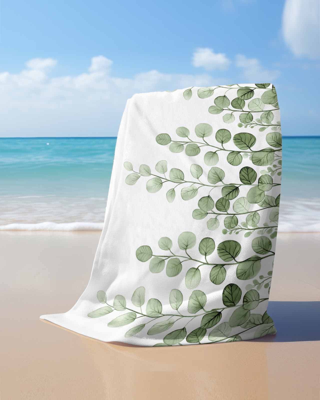 Sage Green Eucalyptus Leaves Beach Towels Oversized Super Absorbent, Spring Country Botanical Lightweight Bath Towel Quick Dry Sets For Bathroom/Pool/Rv Camping/Beach Play/Gym Room/Picnic 30"x60"