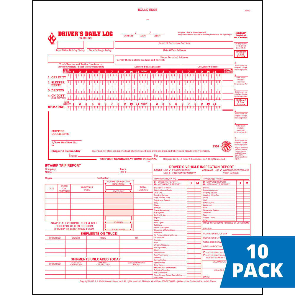 5-in-1 Driver Daily Log Book 10-pk. with Detailed DVIR, Daily Recap, Shipments Records & Trip Report - Book Format, 2-Ply Carbonless, 8.5" x 11", 31 Sets of Forms Per Book - J. J. Keller & Associates