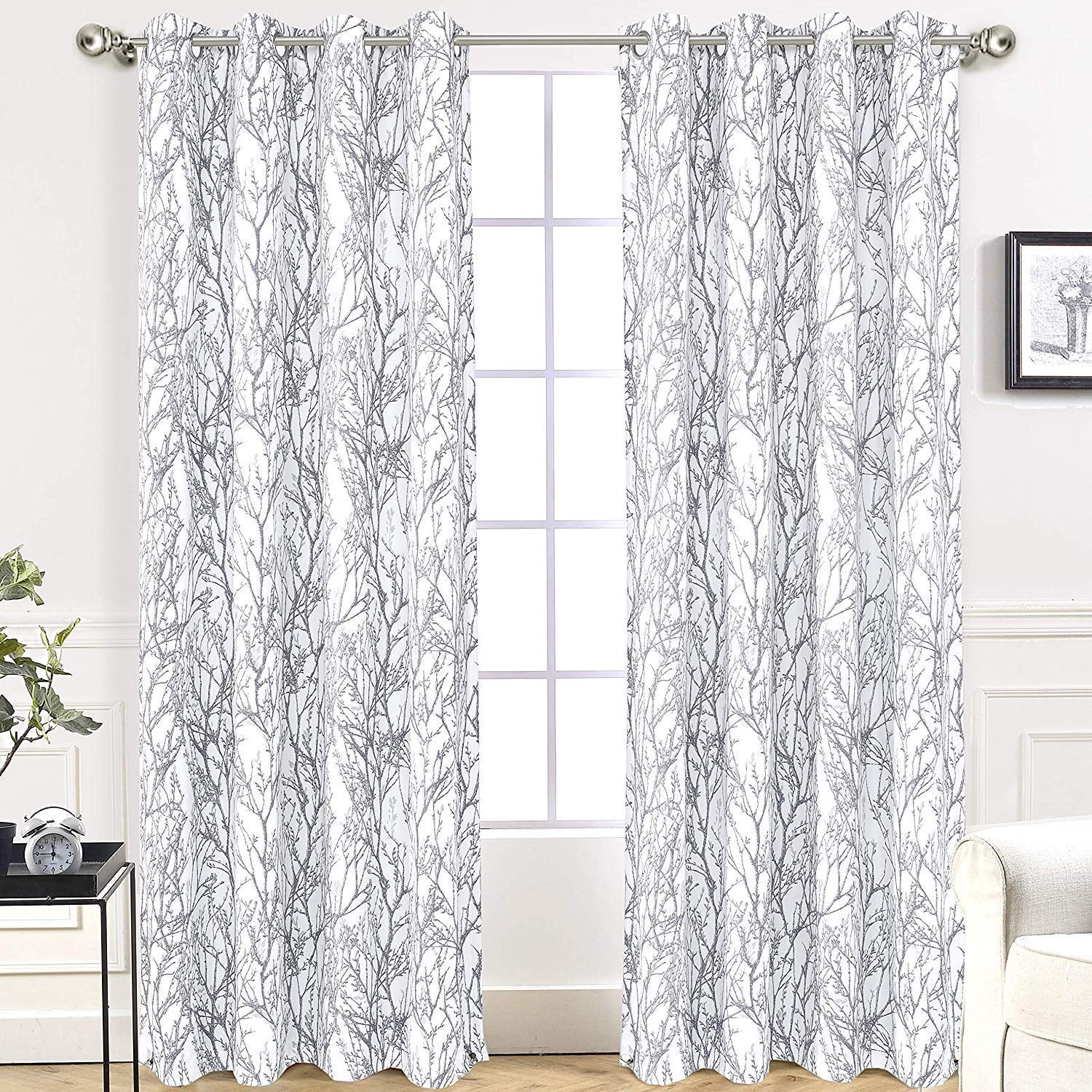 DriftAway Tree Branch Botanic Pattern Painting Room Darkening/Thermal Insulated Grommet Lined Window Curtains, Set Of Two Panels, Each Size 52