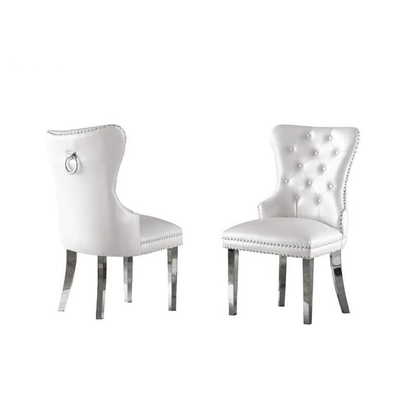 Tufted White Faux Leather Side Chairs with Silver Stainless Steel (Set of 2)