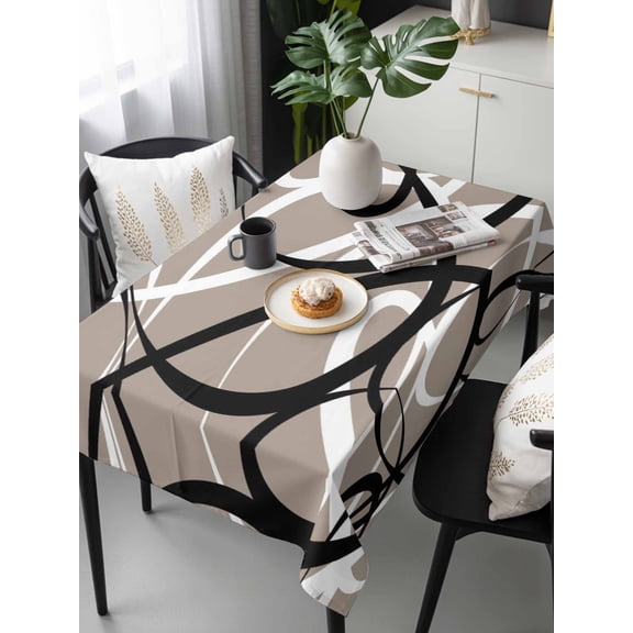 Brown Geometric Tablecloth Rectangle Table Cloths 54x108, Waterproof Tablecloth Outdoor Table Cloth, Vintage Black White Striped Abstract Art Washable Table Cover for Kitchen Dinning Party