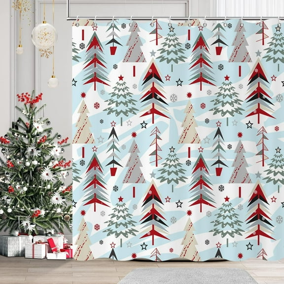 Merry Christmas Shower Curtain, Christmas Tree Snow Snowflake New Year Winter Bathroom Curtain Waterproof Fabric Washable 12 Hooks for Home Decor