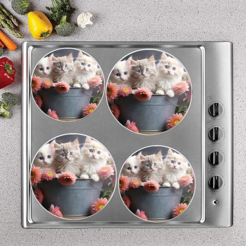 Bahomeck Electric Stove Burner Covers Set Of 4,Three Cute Kittens With Blue Eyes Sitting In An Metal Bucket Metal Gas Stove Burner Covers,Protecting Gas Stoves,8 Inch And 10 Inch