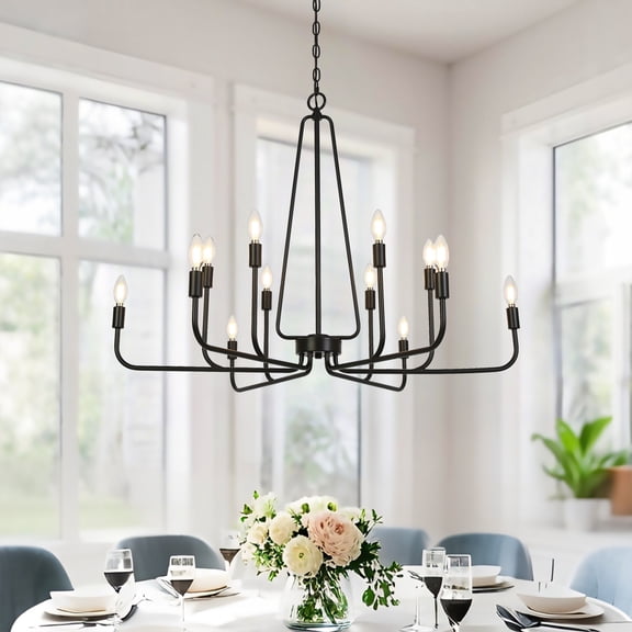 LNC 12-Light 2-Tier Transitional Metal Matte Black Hardwired Candle Chandelier