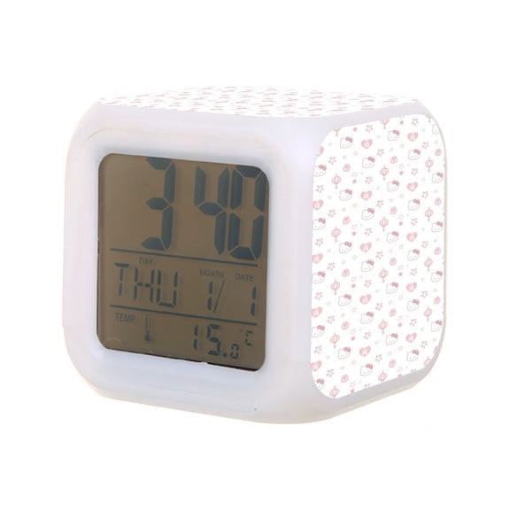 Hello kitty Digital Alarm Thermometer Night Glow Cube 7 Color Clock LED Changing LCD Display Suitable for Bedroom Children