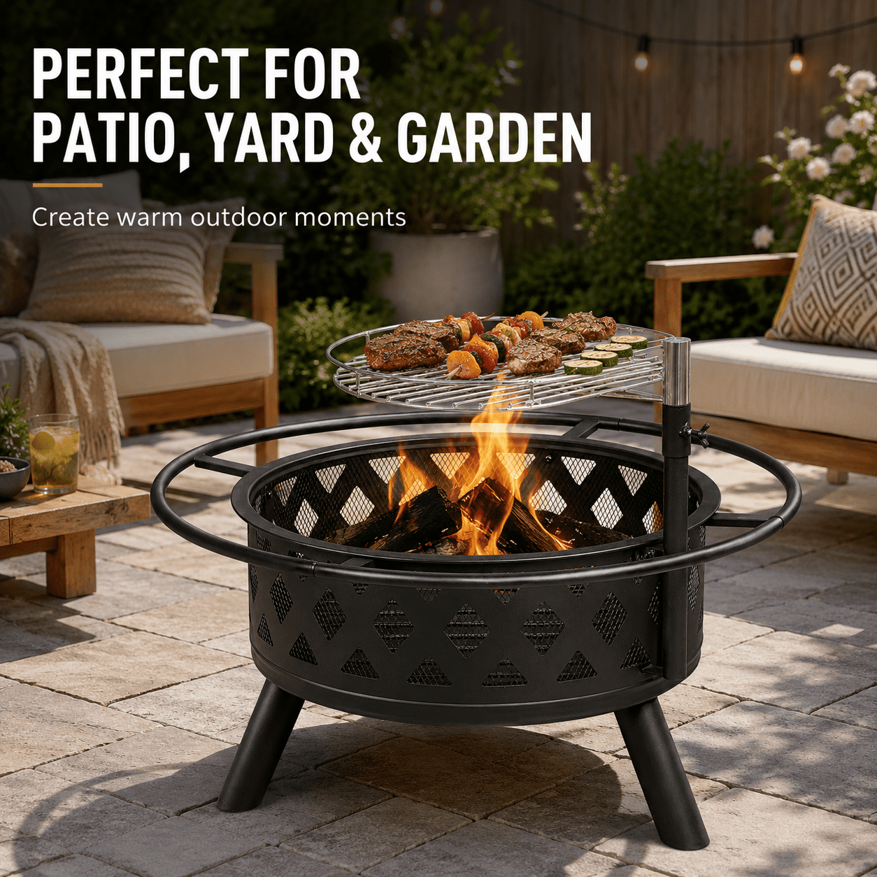 Seizeen Fire Pit with Grill, Metal Fire Pit for Outside Hollow-out Design, Wood Burning Outdoor Fireplace with Poker for Backyard Patio Garden, 30"