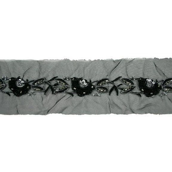 Altotux 2-3/8" Beaded Sequin Embroidery Organza Ribbon Trim Black By Yard