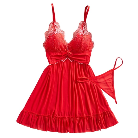 Women Sexy Embroidery Lingerie Set Pleated Babydoll Dress Lace Chemise Boudoir Outfits Thong 2 Piece Outfits