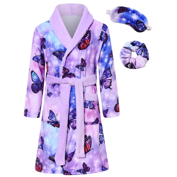 Lanbubble Girls Robe with Sleep Mask & Scrunchie Set, Soft Bathrobe Sleepwear for Kids 6-13 Years