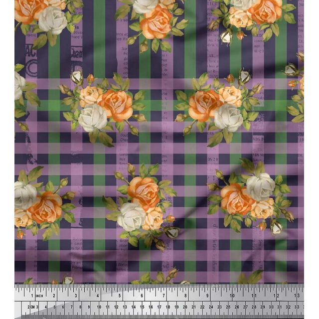 Soimoi Poly Georgette Fabric Check,Leaves & Rose Flower Printed Fabric 1 Yard 42 Inch Wide