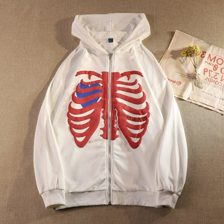 Doolland Women Zip Up Hoodies Goth Skeleton Rib Cage Graphics Print Fashion Vintage Sweatshirt