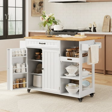 Asofer 60.6"W Kitchen Island Cart with Drop Leaf, 3 Shelves & 2 Doors Storage Cabinet for Dining Room, White