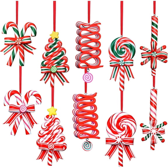 10 Pieces Christmas Tree Lollipop Hanging Ornaments Clay Rainbow Set with Ribbon Candy Cane Christmas Tree Hanging Decor Pendants for Christmas Season Home Party Decorations