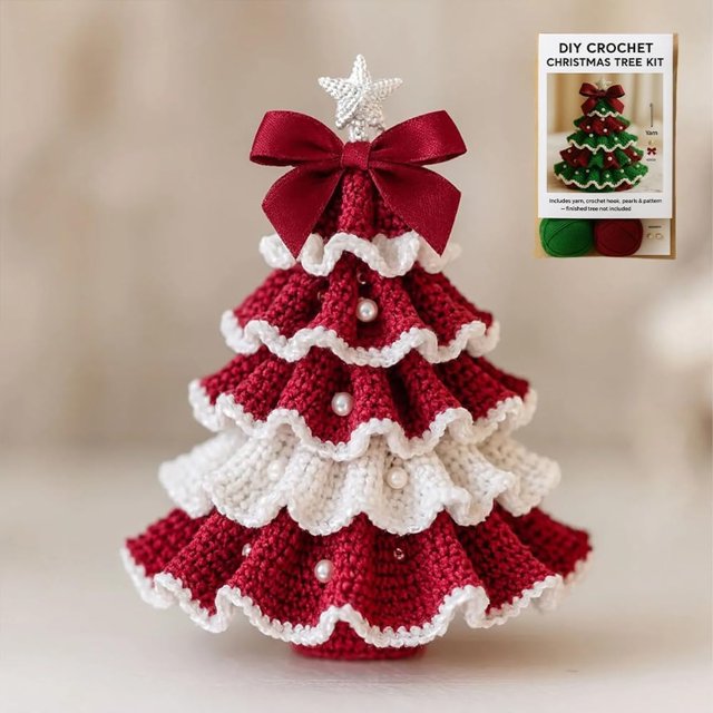 DIY Crochet Christmas Tree Kit,Handmade Crochet Christmas Tree,Tree Bow Pearl Embellishment,Beginner Christmas Crochet Kit,Christmas Craft Kit with Yarn Hook Beads Instruction