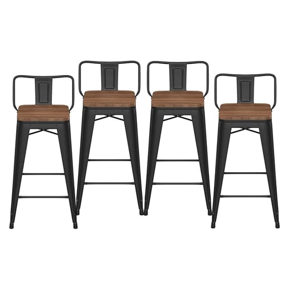 26" Low Back Metal Counter Stool Height Bar Stools with Wooden Seat [Set of 4] Barstools, Matte Black