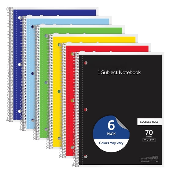 Spiral Notebook 6 Pack, 1 Subject, College Ruled Paper, 8 x 10-1/2 Inch, Color Assortment Design May Vary
