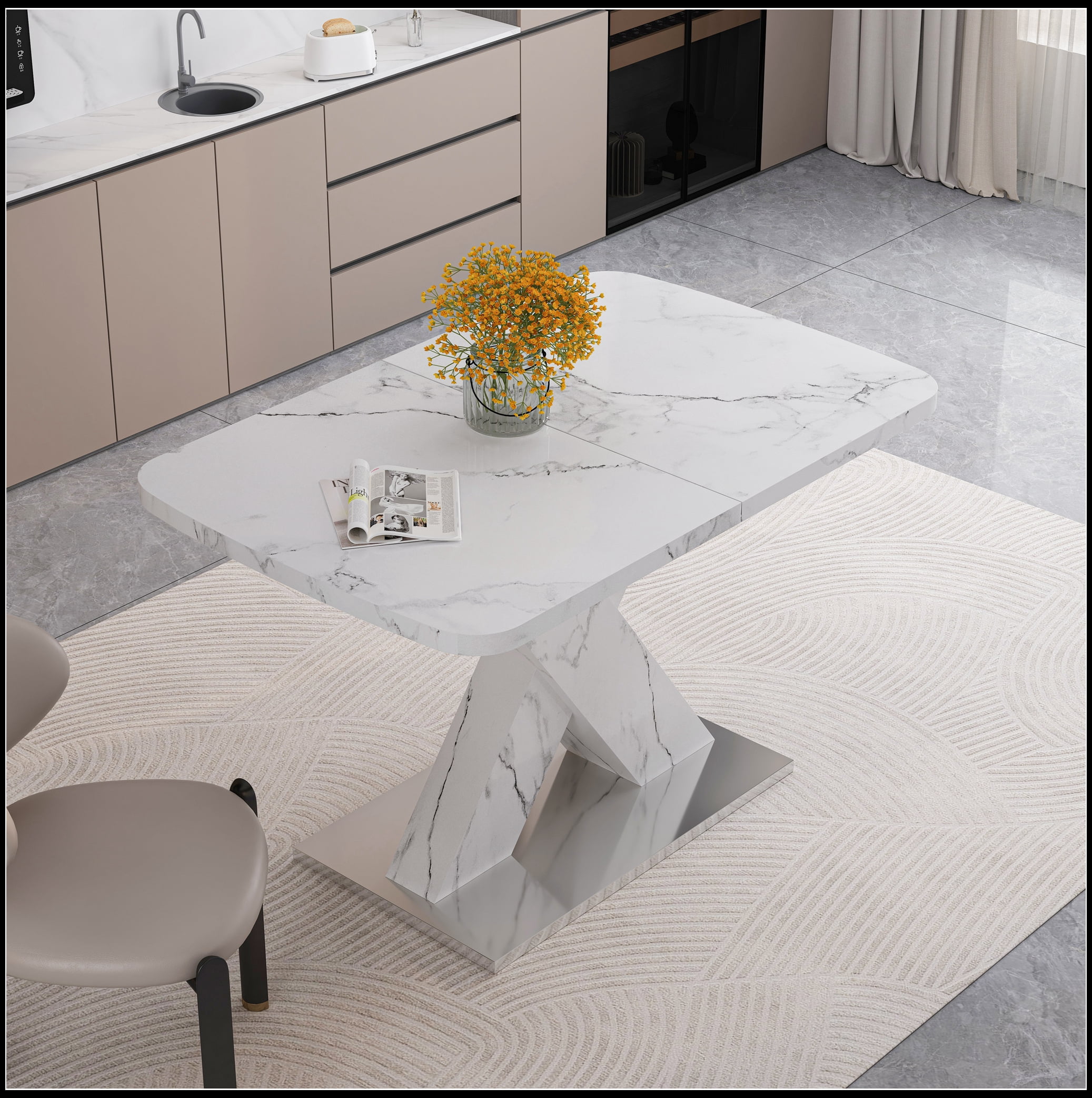 Modern Square Dining Table, Stretchable, with Printed White Marble Table Top+MDF X-Shape Table Leg with Metal Base