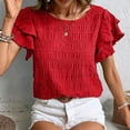 thumbnail image 7 of Fesfesfes Women's Casual Wrinkle Tops New Summer Short Ruffle Sleeves T-Shirt Round Neck Textured Fabric Flowy Tee Solid Color Outdoor(Red,M), 7 of 7