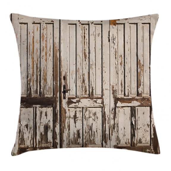 Rustic Throw Pillow Cushion Cover, Vintage House Entrance with Vertical Lined Old Planks Distressed Hardwood Design, Decorative Square Accent Pillow Case, 20 X 20 Inches, Brown White, by Ambesonne