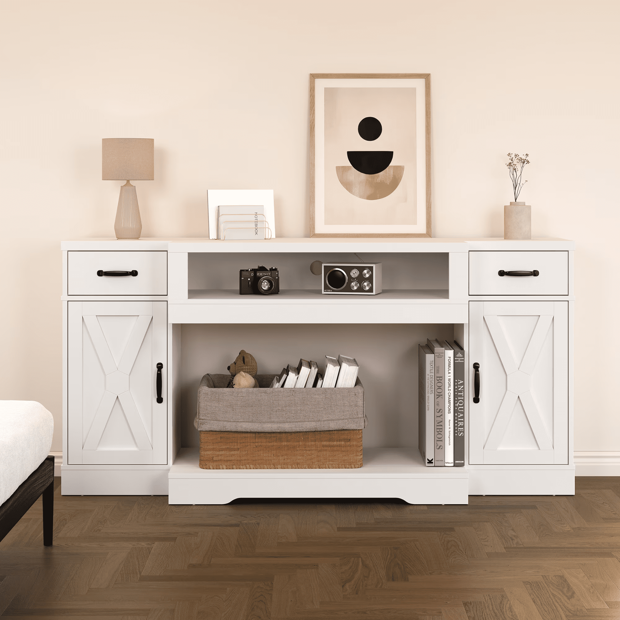 65 Inch TV Stand Farmhouse with Adjustable Shelves Wire Management for Living Room Bedroom