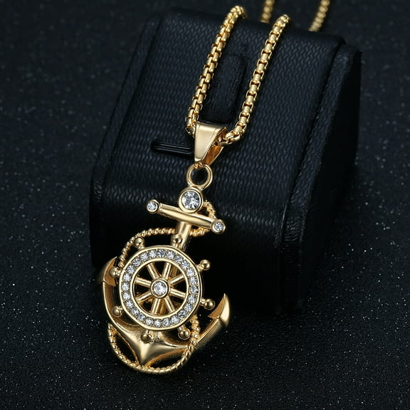 Hip Hop Rhinestones Paved Bling Iced Out Golden Silver Color Anchor Rudder 14K Yellow Gold Pendants Necklace for Men Jewelry Gift