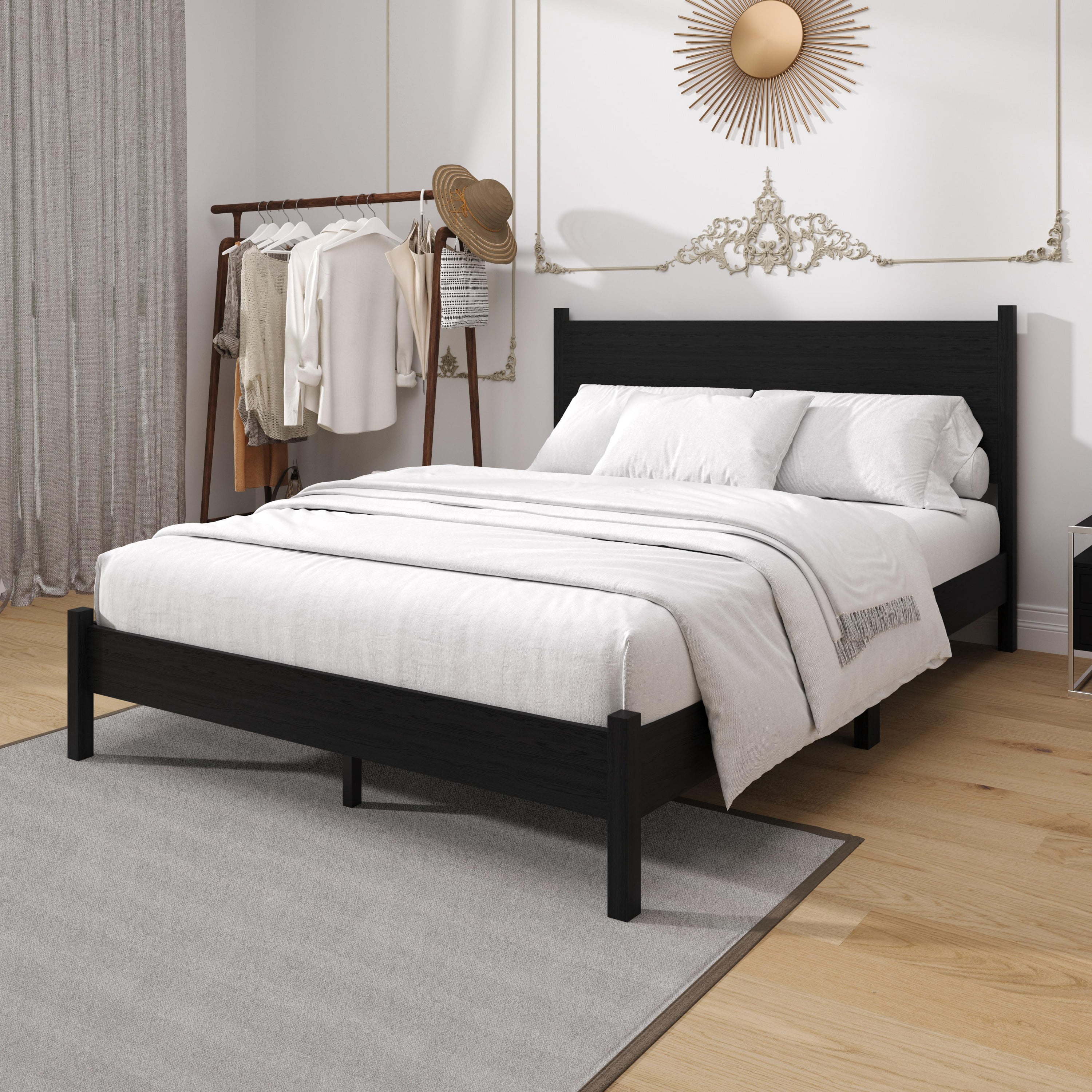 Home Design Branford Full Solid Wood Platform Bed Frame with Panel Headboard and Full Slat Support, Black