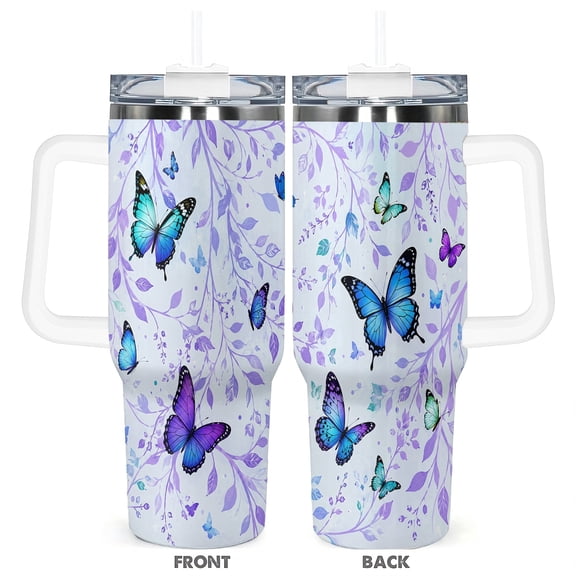 40oz Purple Butterfly Floral Insulated Tumbler with Handle and Straw Lid Car Cup Travel Coffee Mug Gift for Women