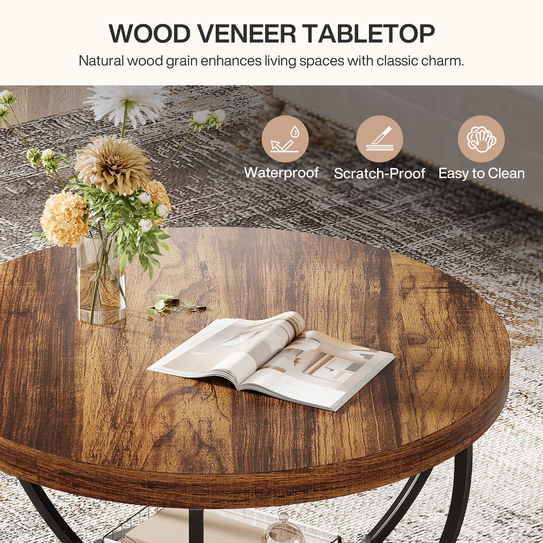 Fnova Coffee Table with 2 - Tier Storage, 32" Round Wood Coffee Table with Metal Legs, Modern Rustic Style Center Table for Living Room, Dark Brown and Black