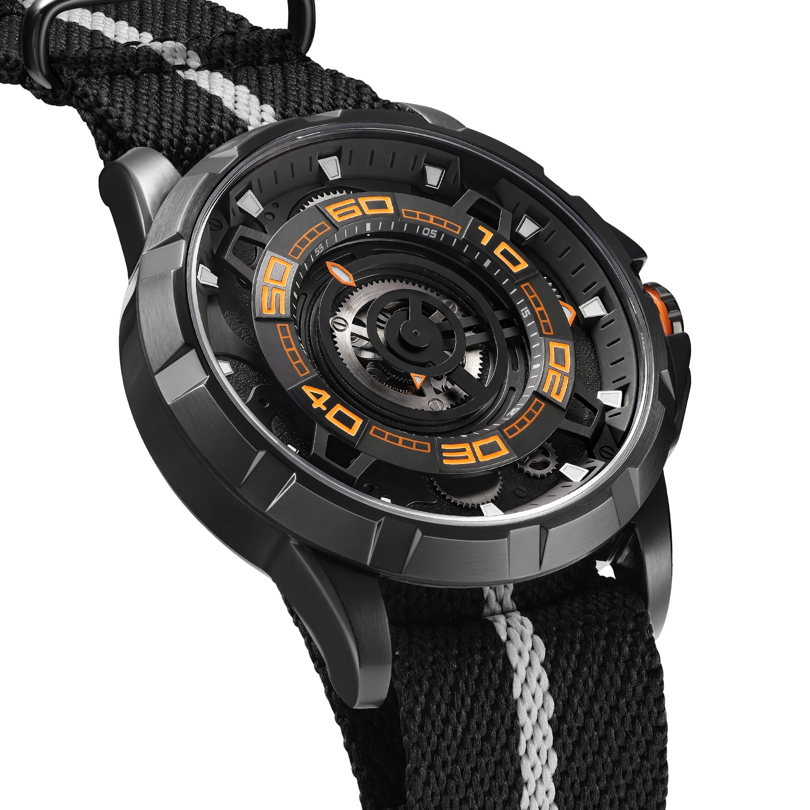 BERNY Mens Skeleton Automatic Watch, Luxury Fashion Self Winding Mechanical Watch with Nylon Strap, Exhibition Caseback, Sapphire Crystal, Luminous 50M Waterproof Watches for Mens Gifts (Black)