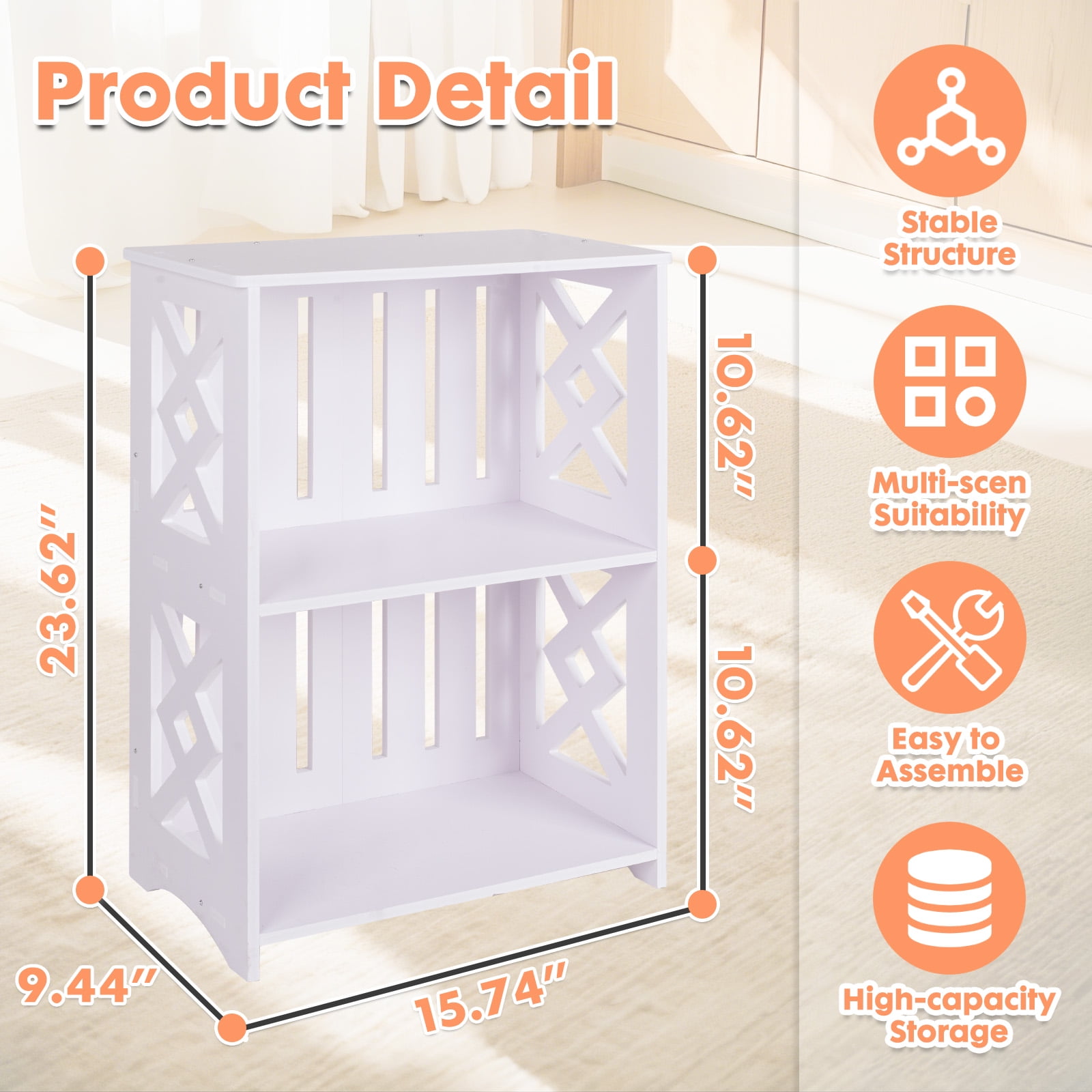 PinkSheep 3 Tier Open Shelf Bookcase Small Side Table End Table Storage Bookshelf for Living Room Bedroom Bathroom White
