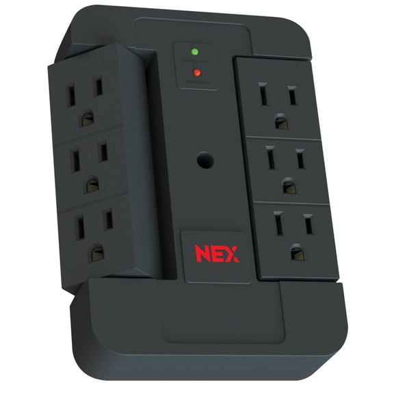 NEXSW6OU-B 6 Outlet Swivel Space Saving Surge Protector Wall Tap, Android, iPad, iPhone, iPod Compatible,900J Joules, Black Finish