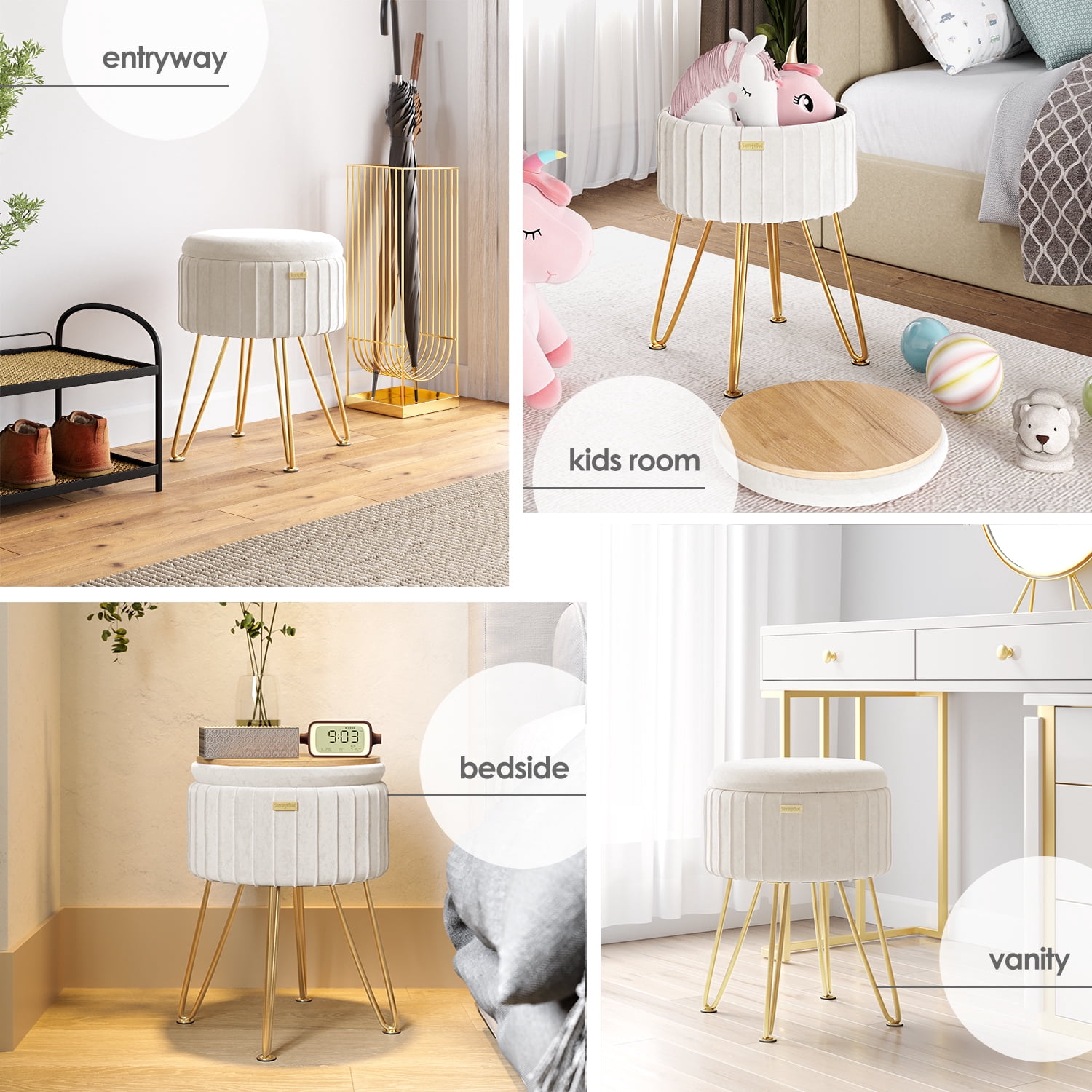 LammaLoe Small Round Ottoman with Storage, Pleated Velvet Ottoman Foot Stool with Lid, Upholstered Vanity Stool for Living Room & Bedroom, Cream
