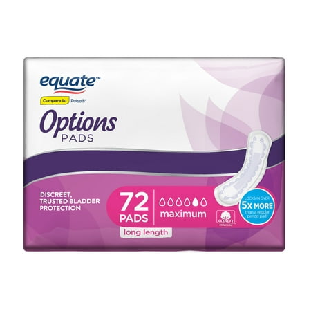 Equate Options Incontinence Pads for Women, Maximum, Long, 72 Count ...
