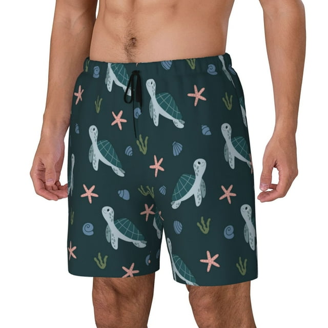 Kdxio Cute Turtle Print Mens Swim Shorts with Mesh Lining, Breathable and Quick-Drying, Adjustable Waist, Privacy Pocket-X-Large