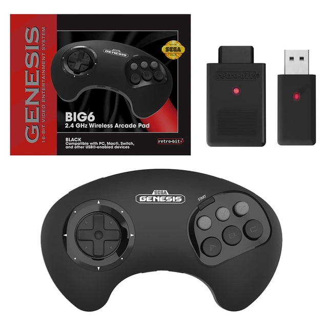 Control Arcade Inalámbrico Retro-Bit BIG6 2.4 GHz para Sega Genesis Original/Mini, Switch, PC, Mac - Negro