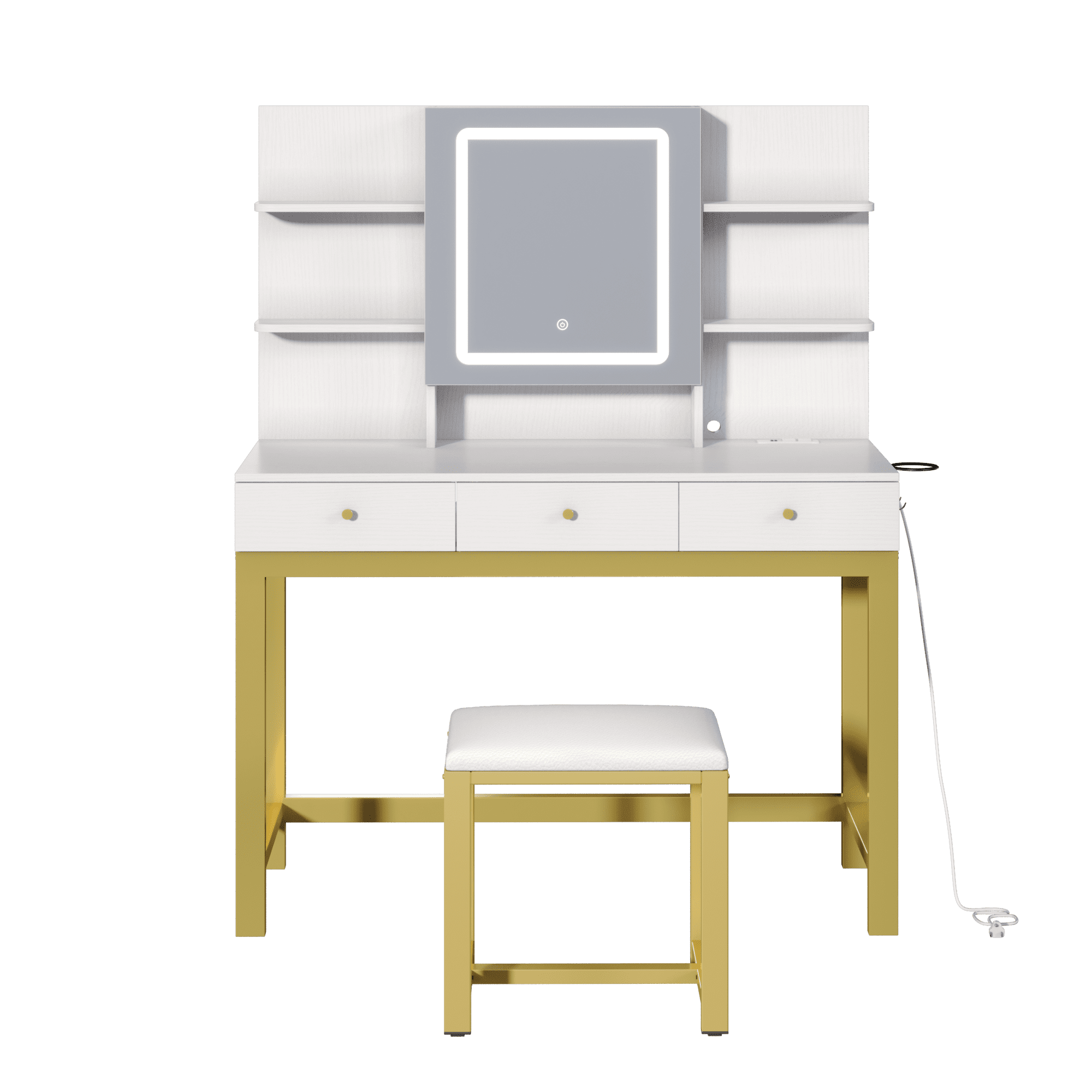 Uforic 39-Inch White Vanity Desk with Dimmable LED Mirror, Padded Stool, and Storage for Modern Bedrooms