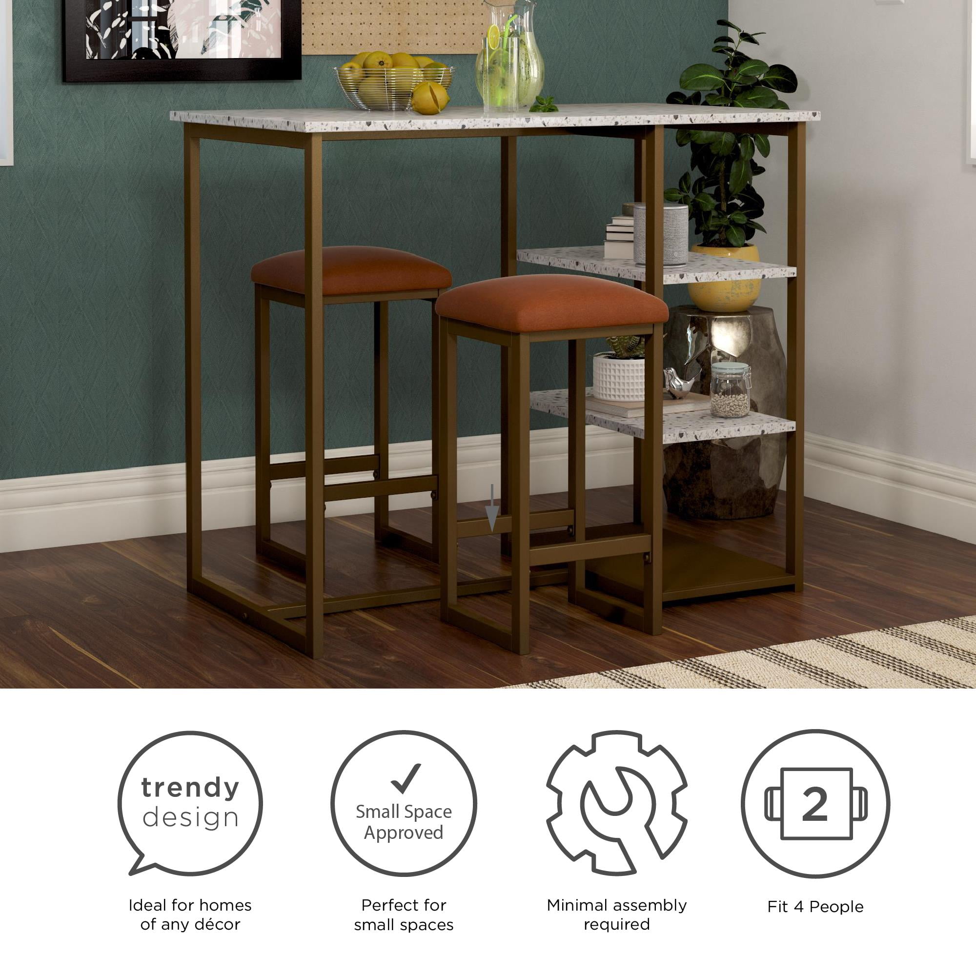 Novogratz Nora 3 Piece Pub Set with Faux Terrazzo Top White Brass
