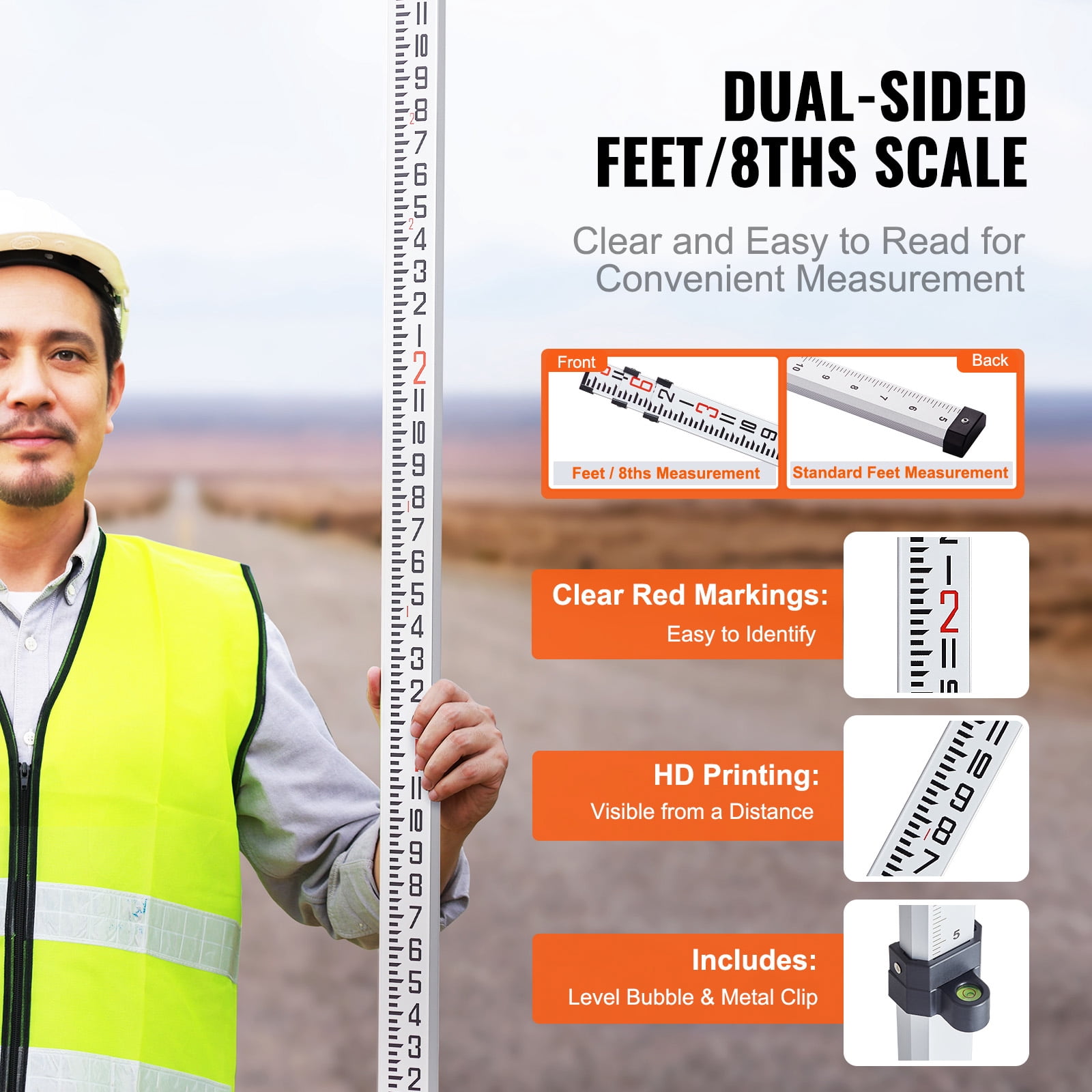 KFFKFF Aluminum Measuring Stick, 9-Ft/8ths, 3-Part Telescopic Rod, Dual-Sided 1/8in Scale, Alloy Leveling Rod with Bubble Level & Bag for Home, Wall, Floor Surveys