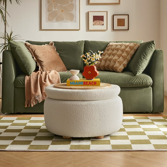 Luna Storage Ottoman, Pearl White Boucle