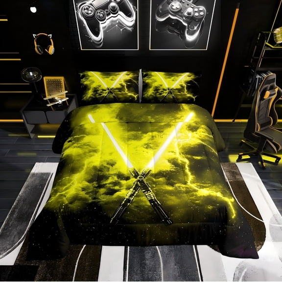 Erosebridal Galaxy Lightning Twin Comforter Sets, Yellow Watercolor Print Bedding Set,2pcs