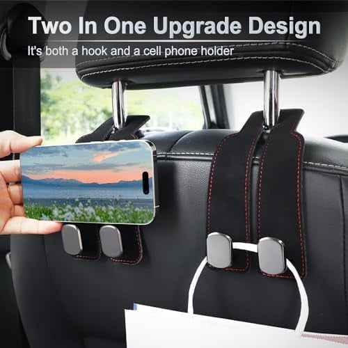 Headrest Purse Hook for Car, Seat Hook Hangers Storage Organizer for Bags and Coats Holder, Upgrade Leather Double Hook and Mobile Phone Holder for Universal Vehicle Car Accessories (Black) Black