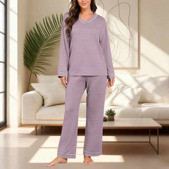 Vetsdori Long Sleeve Pajamas Sets for Women Plus Size PJS Nightwear Stripe Pants Sleepwear Soft Homewear,Womens Pajamas 2 Pieces