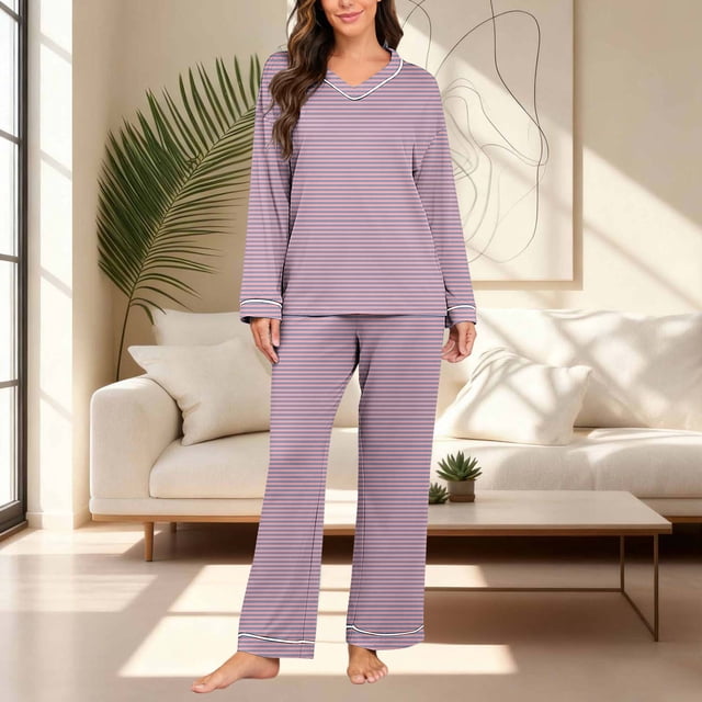 Cameland Ensemble de Pyjama Décontracté à Rayures pour Femmes, Col en V, Manches Longues