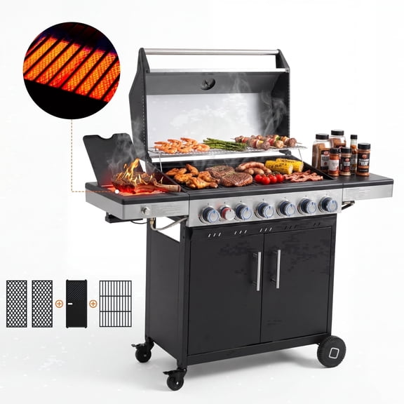 Flintex 6 Burner Propane Gas Grill with Infrared Side Burner, 43,200 BTU, Diamond Grates & Griddle for Outdoor BBQ