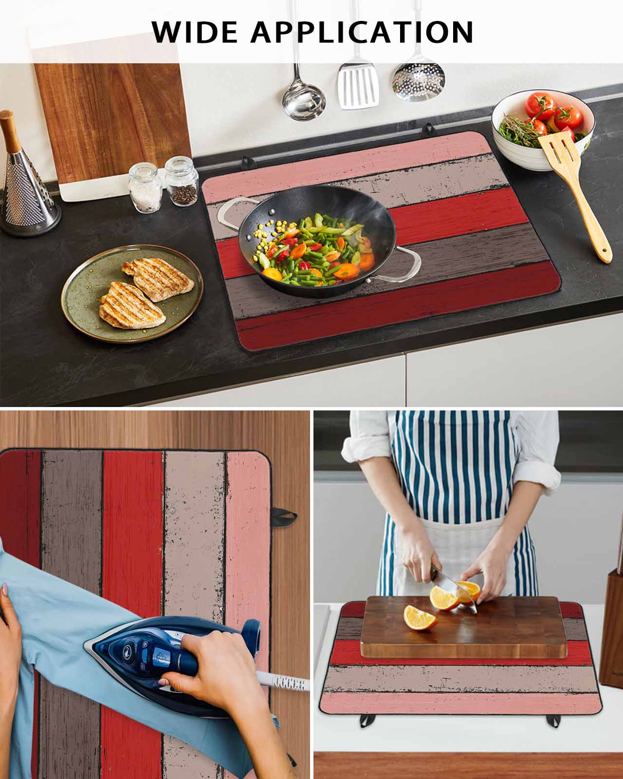 nqOlkjepod Large Induction Cooktop Protector Mat 24"x21", Red Wooden Stove Top Covers for Electric Stove, Grey Stripe Gradient Country Rustic Grain Stove Burner Cover Mats, Glass Top Stove Cover