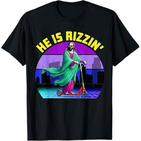 Gildan Christian He Is Rizzin' Jesus Scooter Retro 70S 80S God Hope Hot Trending T-Shirt Unisex S To 5Xl