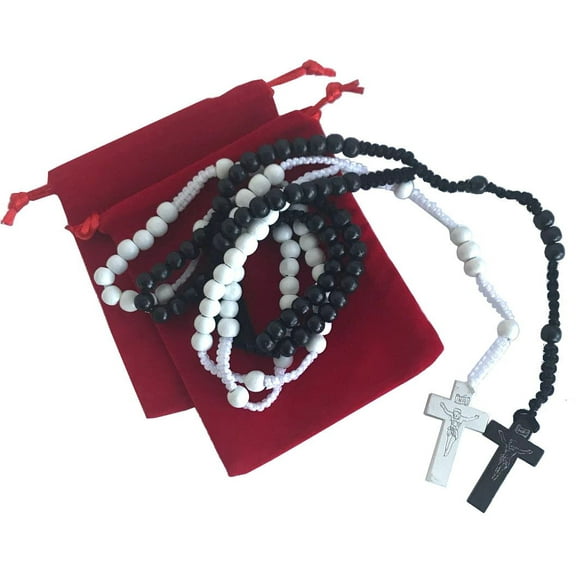 Pair of Black and Beige Wooden Rosaries with Two Velvet Bags - Colored Wooden Beads Rosary Necklaces with Jesus Imprint Cross