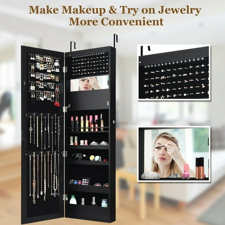 Costway Wall Door Mounted Mirror Jewelry Cabinet Organizer w/LED Lights - Black